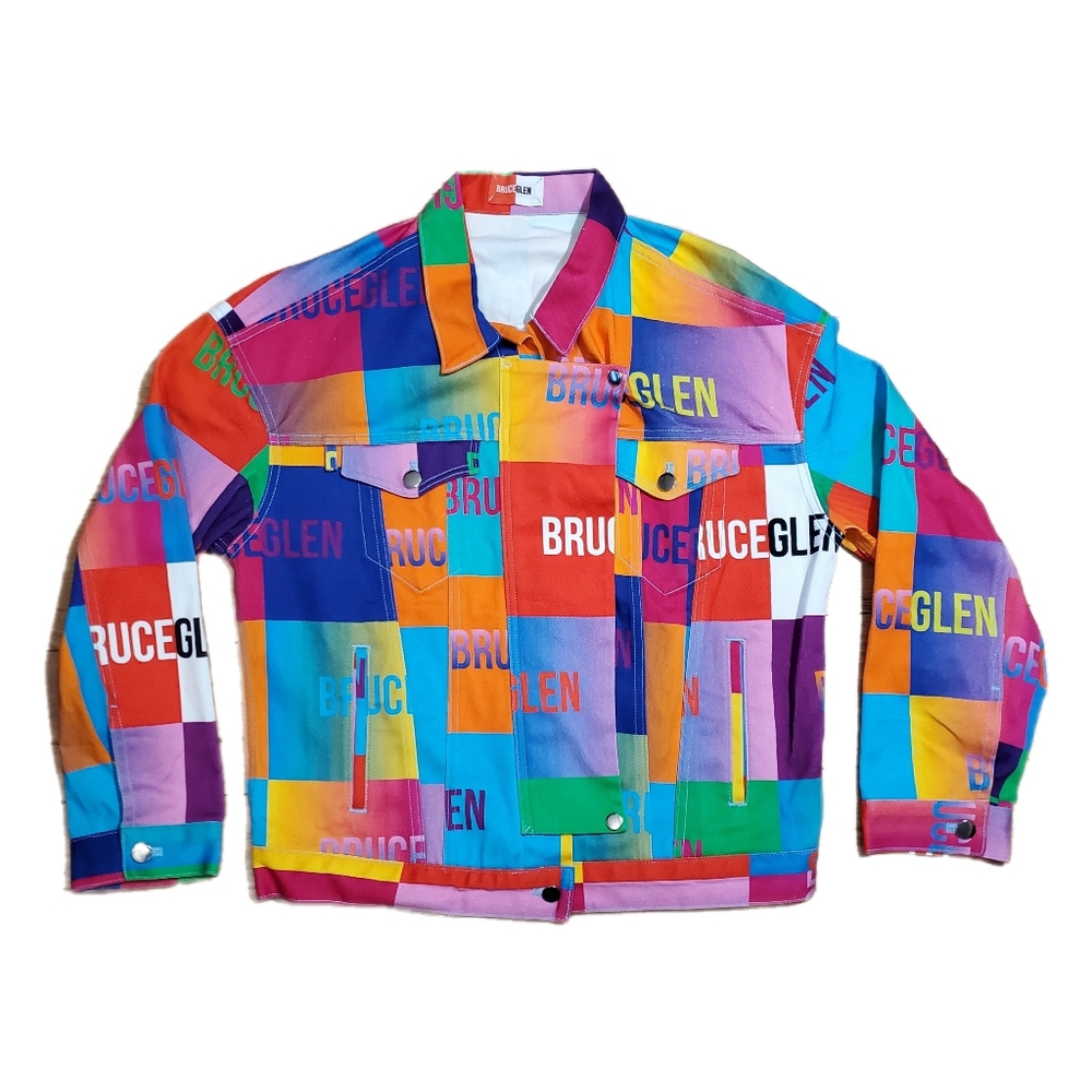 Bruce Glen Happy Logo Blocks Multicolor Unisex Denim Jacket Size Lg Pride NWOT